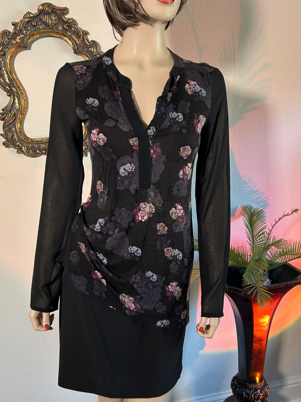 Simply Vera Vera Wang Black Floral Long-Sleeve Shift top